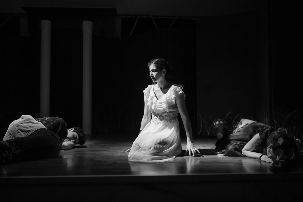 Black and white photo of a group of men performing modern dance on a stage.