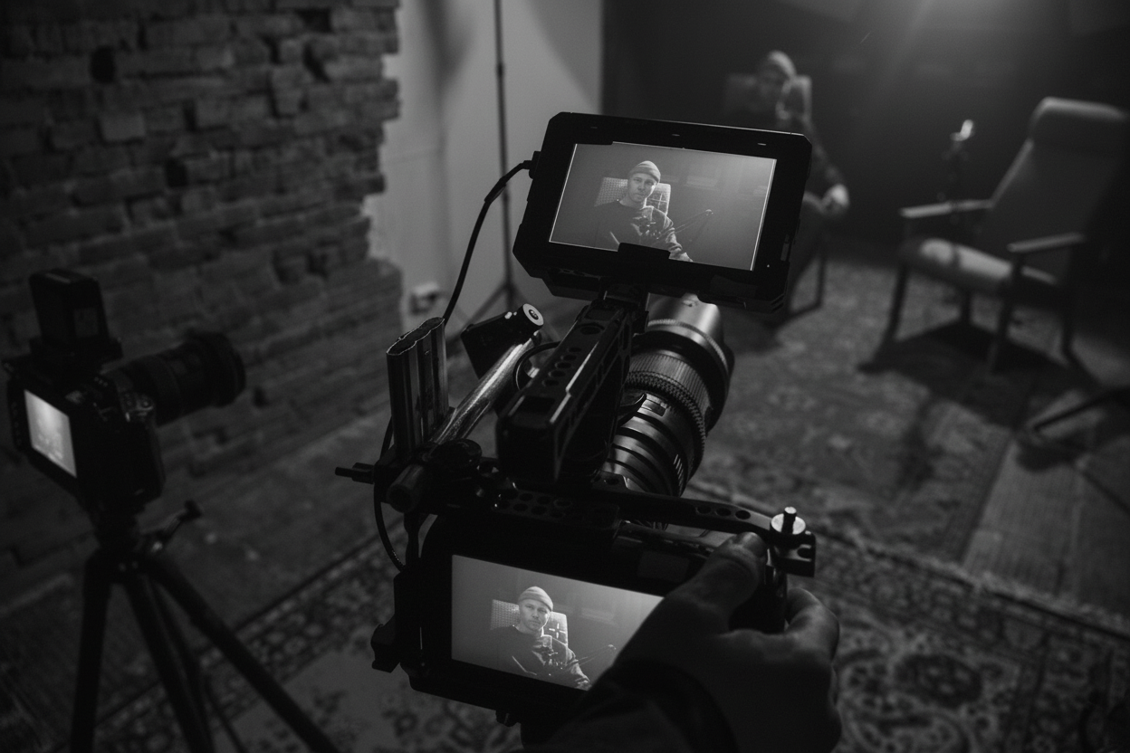 Black and white photo of a group of men performing modern dance on a stage.