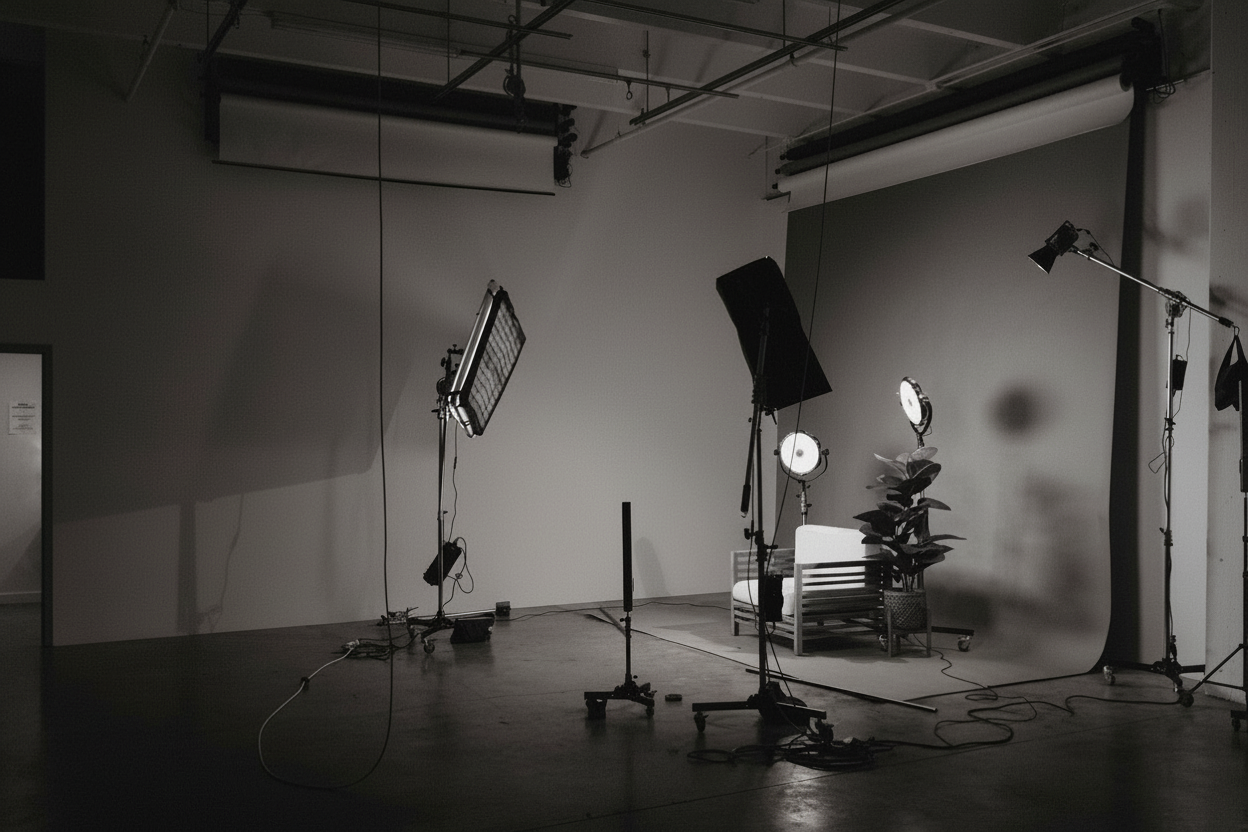Black and white photo of teens rehearsing a dance routine on a stage.